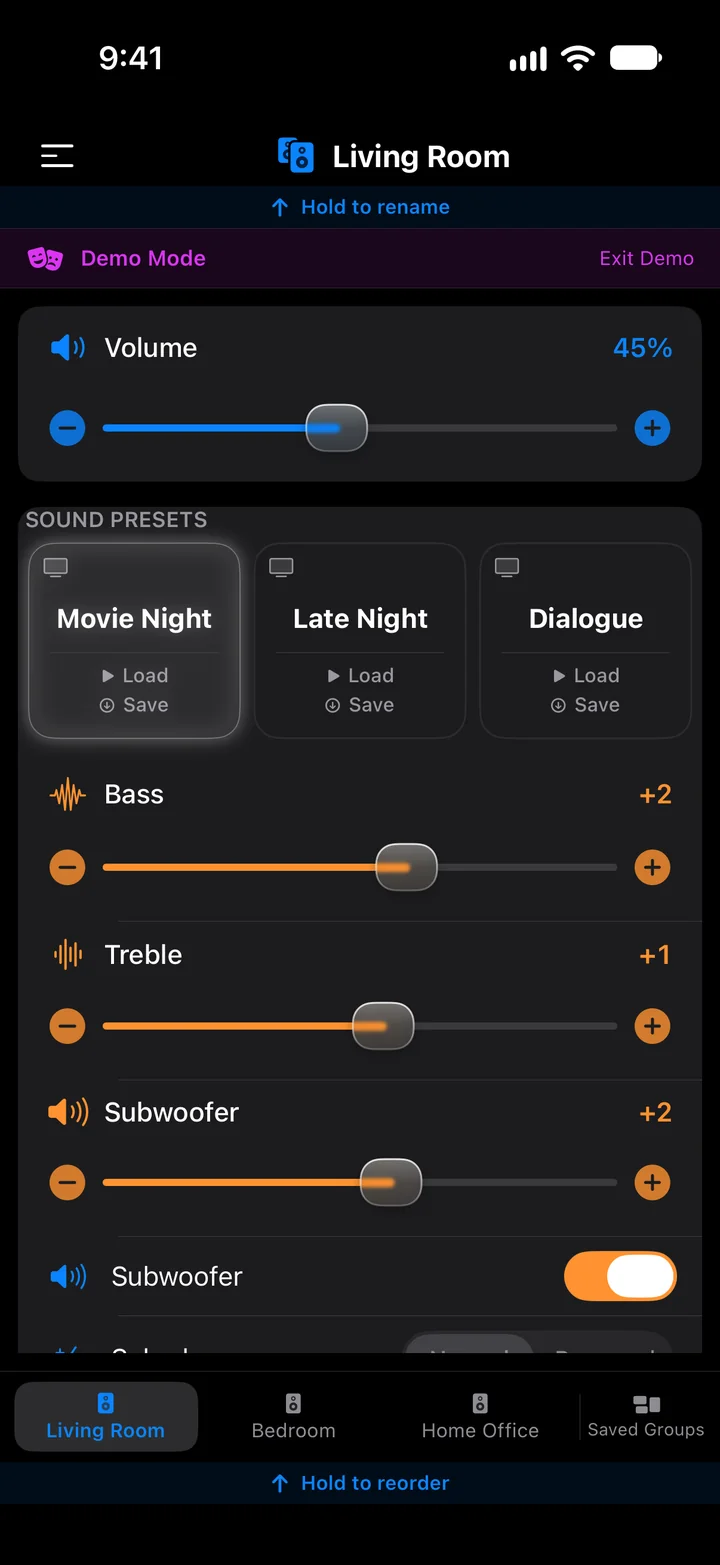 The Living Room page in dark mode: volume 45%, the Movie Night, Late Night and Dialogue presets, and Bass, Treble and Subwoofer sliders