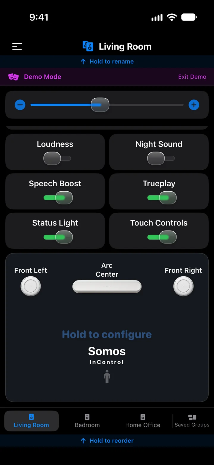 The bottom of the Living Room page: Loudness, Night Sound, Speech Boost, Trueplay, Status Light and Touch Controls switches, then the room map card with Front Left, an Arc in the centre and Front Right, reading Hold to configure.