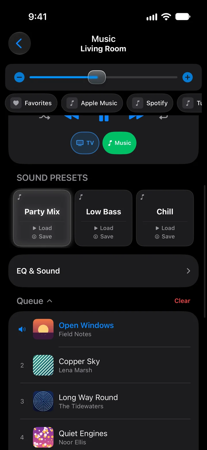 The Music page scrolled down in dark mode: TV and Music buttons, the Party Mix, Low Bass and Chill presets with Party Mix lit, a collapsed EQ and Sound row, then a Queue header with Clear and the first four songs, Open Windows by Field Notes marked as playing, Copper Sky by Lena Marsh, Long Way Round by The Tidewaters and Quiet Engines by Noor Ellis, each with its own cover.