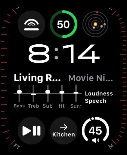 The Modular Ultra watch face with Somos complications: the Somos icon at the top left, the time 8:14, Living Room and Movie Night above EQ bars for Bass, Treble, Sub, Height and Surround with Loudness and Speech across the middle, then Play/Pause, Next Room reading Kitchen, and a Room dial at volume 45 along the bottom.