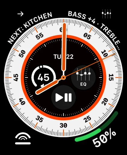 The Wayfinder watch face with Somos complications: Next: Kitchen and Bass +4 · Treble in the top corners, a Room dial at volume 45, EQ and Play/Pause inside the dial, and the Somos icon at the bottom left.