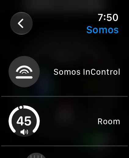 The complication picker on the Apple Watch under Somos: the Somos InControl icon and the Room complication, a ring at volume 45.