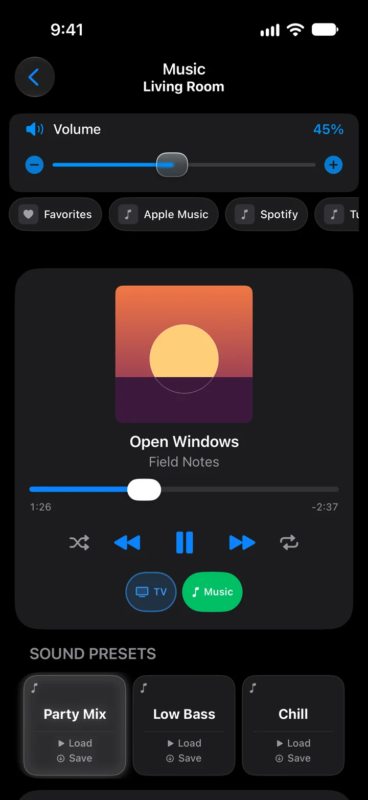 The Music page in dark mode: Music and Living Room in the title, a Volume slider at 45%, a strip of pills reading Favorites, Apple Music, Spotify and TuneIn, a player card with an orange sunset album cover, Open Windows by Field Notes, a progress bar at 1:25, shuffle, previous, pause, next and repeat, TV and Music buttons with Music lit, and three music presets named Party Mix, Low Bass and Chill with Party Mix lit.