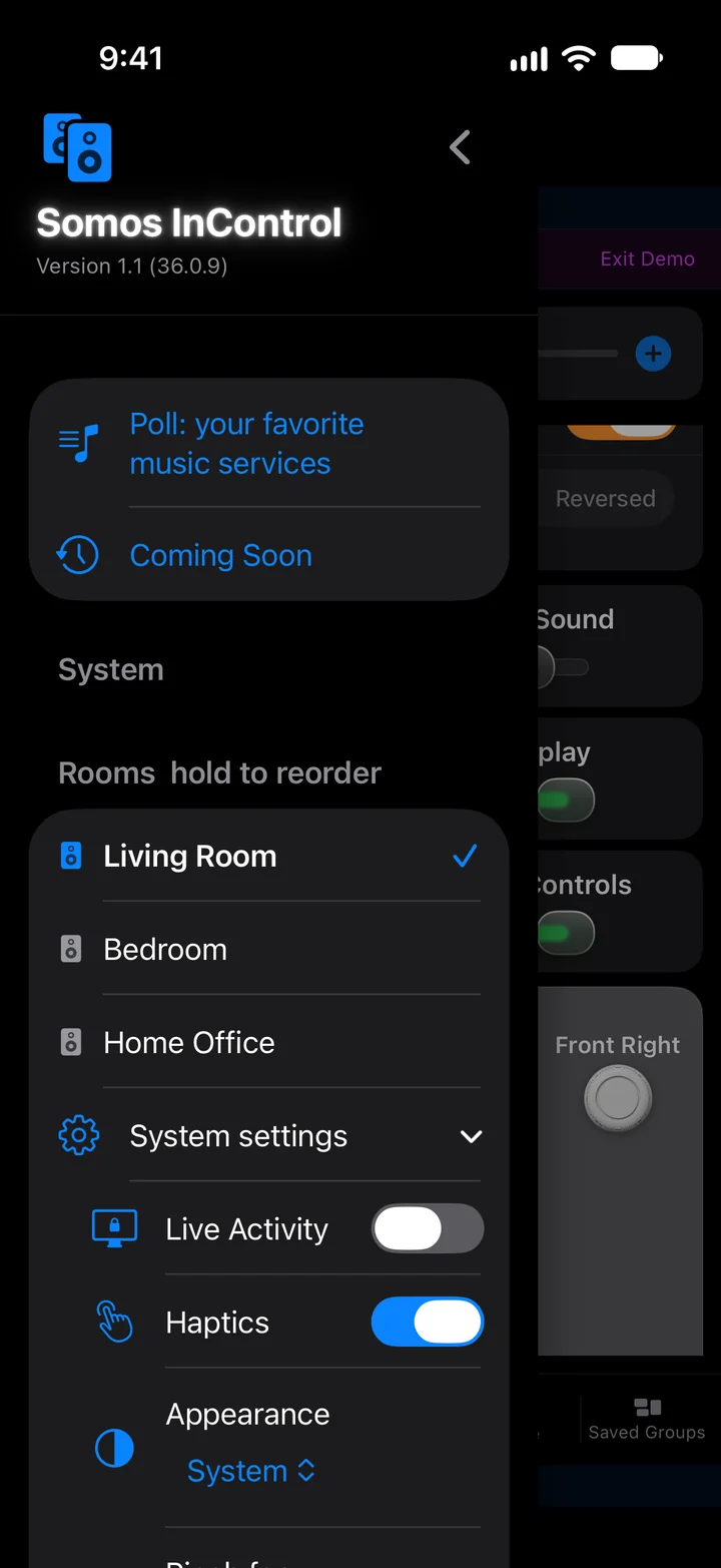 The app menu sliding over a room page in dark mode: the Somos InControl name and version, Poll: your favorite music services, Coming Soon, a System heading, Rooms with Living Room ticked, Bedroom and Home Office, and System settings expanded to show Live Activity off, Haptics on and Appearance set to System.