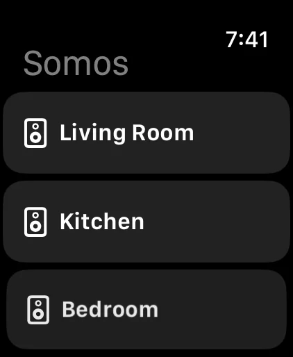 The Somos Apple Watch app's first screen: a list titled Somos with the rooms Living Room, Kitchen and Bedroom.