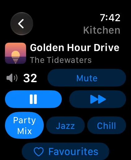 A music room on the Apple Watch: Kitchen, an orange sunset album cover with Golden Hour Drive by The Tidewaters, volume 32 with a Mute button, pause and next, three presets Party Mix, Jazz and Chill with Party Mix lit, and a Favourites button.