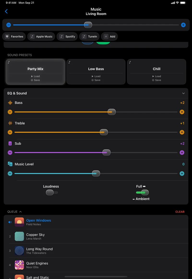 The Music page on an iPad scrolled to the EQ and Sound card, open: Bass +2, Treble +1 and Sub +2 sliders, Music Level 0, a Loudness switch off and a Full or Ambient switch set to Full, with the queue below.