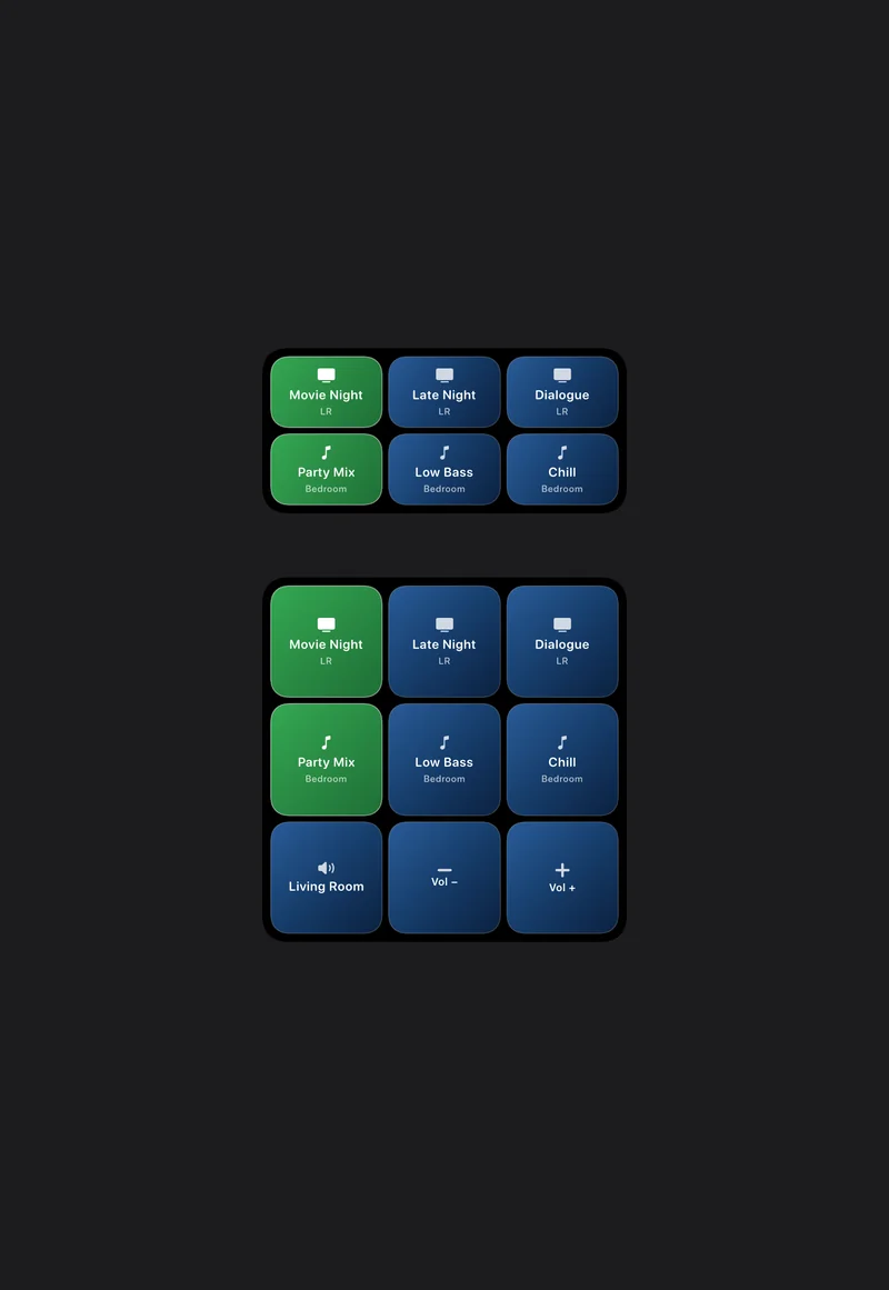 The Somos widgets in dark mode on a plain dark background: the medium widget with six preset buttons, Movie Night, Late Night and Dialogue for LR and Party Mix, Low Bass and Chill for Bedroom, the loaded ones green; and the large widget with the same six presets plus a Living Room row with Vol − and Vol + buttons.